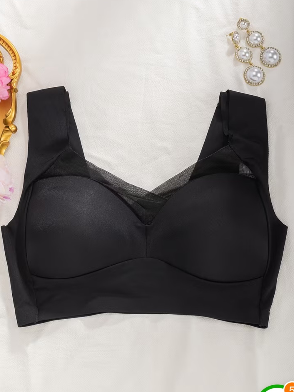 Seamless Black Wireless Bra with Sheer Mesh Accent